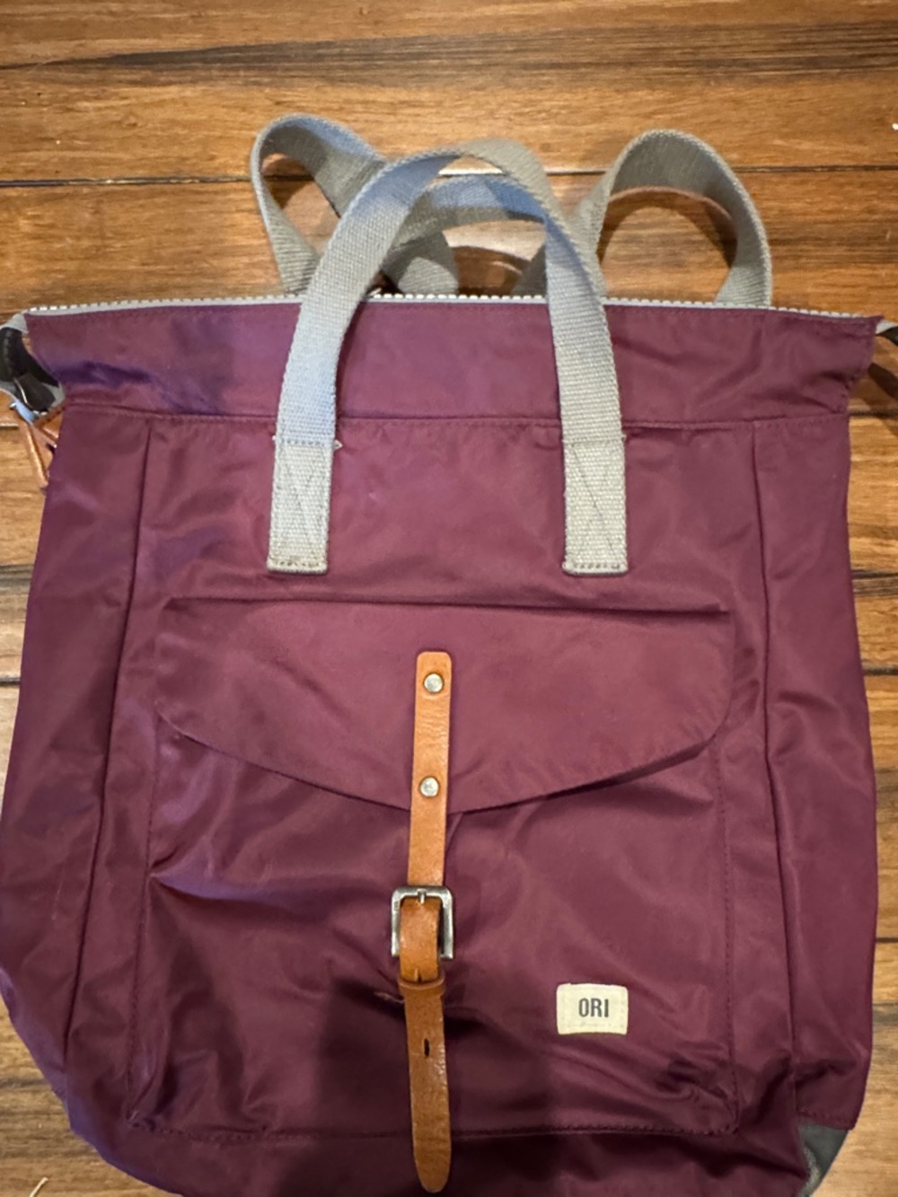 ORI Burgundy Nylon Backpack with Tan Leather Strap